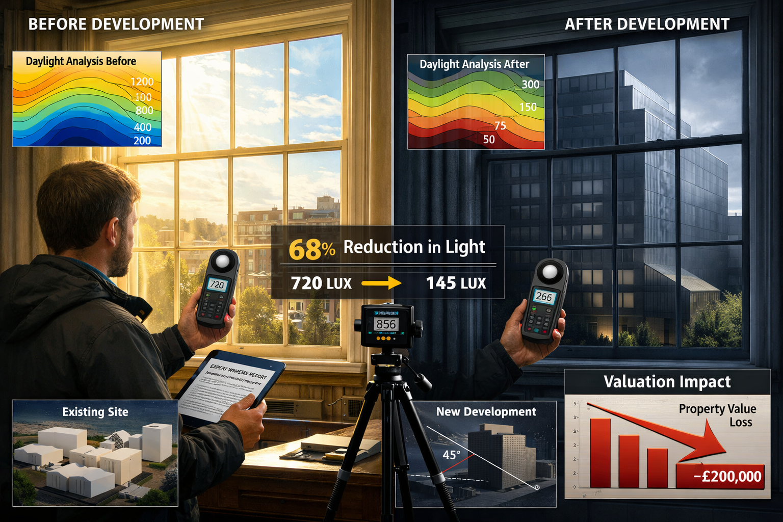 () detailed composite image showing photometric evidence gathering for right of light litigation. Main focus: professional
