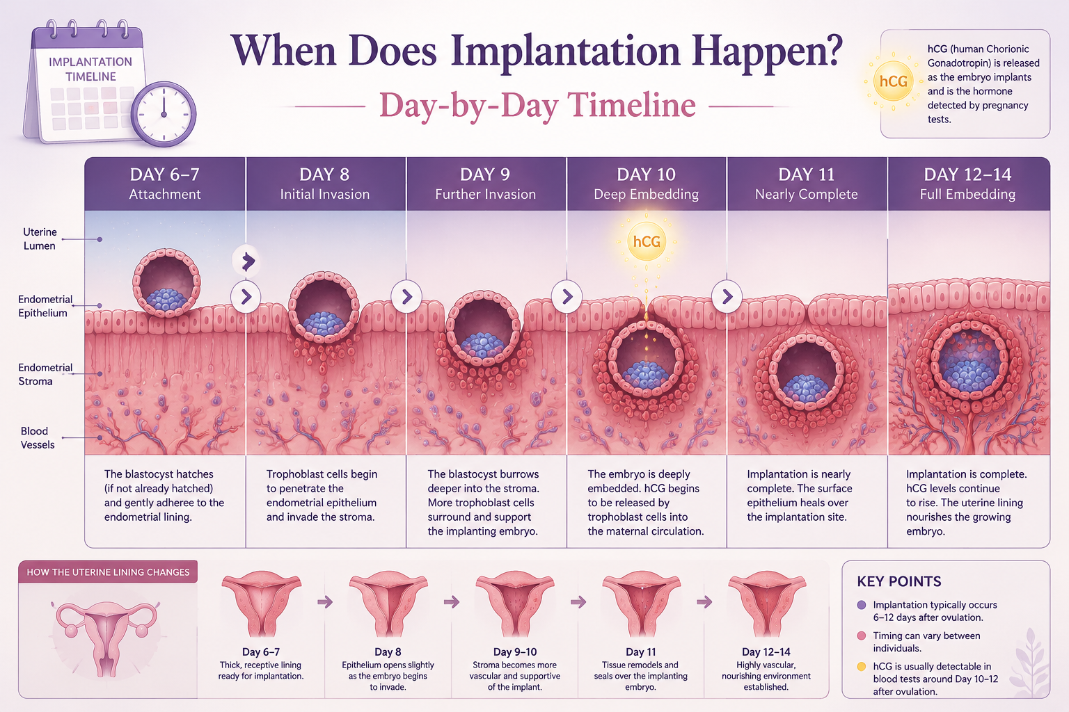 A () infographic visualizing the day-by-day progress of implantation from blastocyst attachment to full embedding. The
