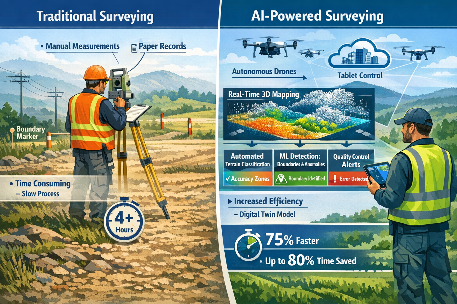 Landscape format (1536x1024) detailed illustration showing AI-powered surveying workflow transformation with split-screen comparison: left s