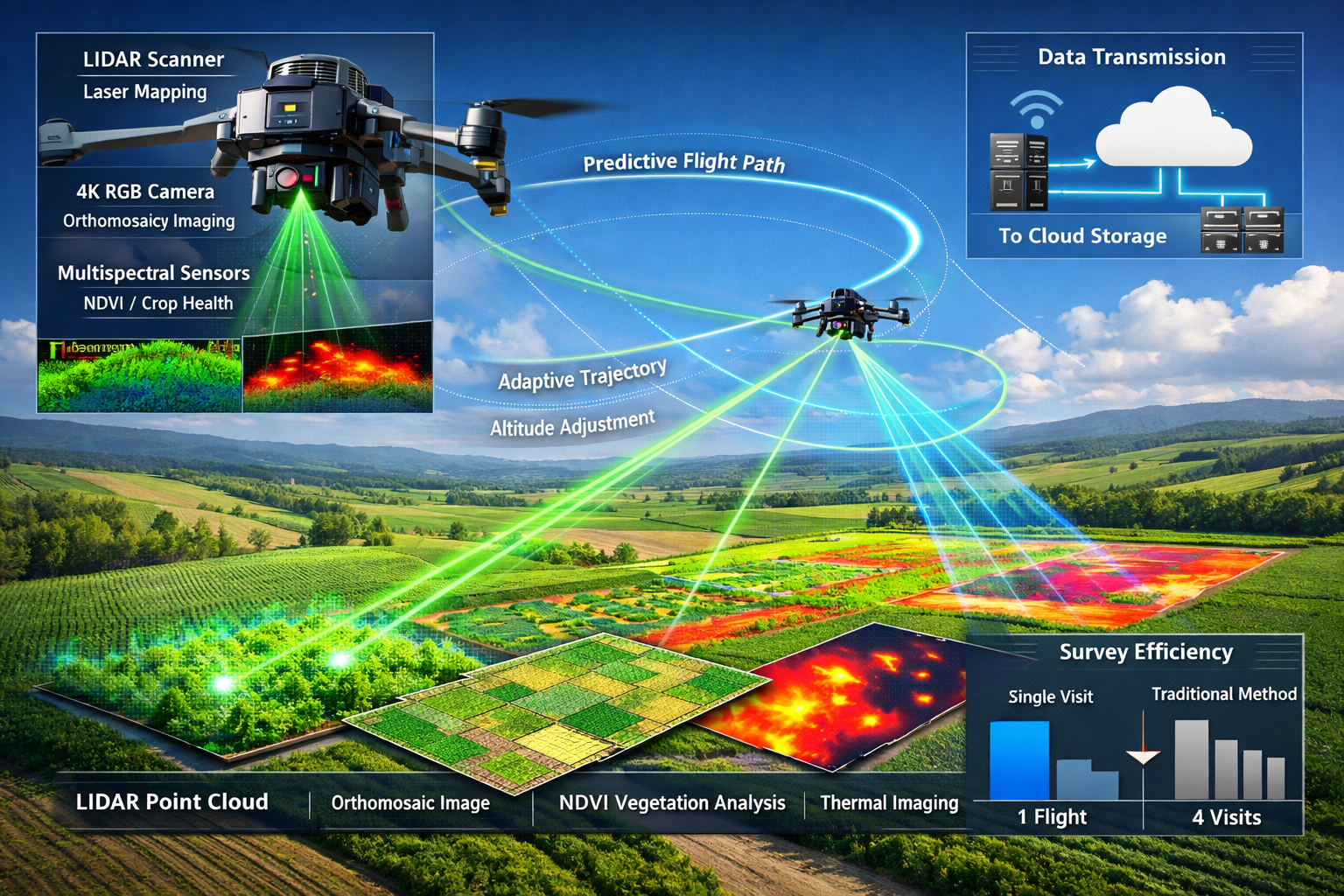 Landscape format (1536x1024) technical visualization of multi-sensor autonomous drone system in action over large agricultural property, sho