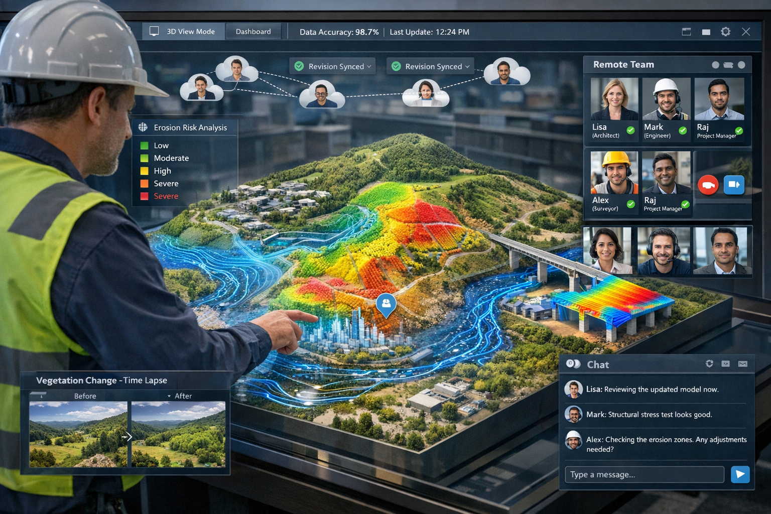 Landscape format (1536x1024) immersive visualization of real-time 3D digital twin environment showing interactive property model on large to