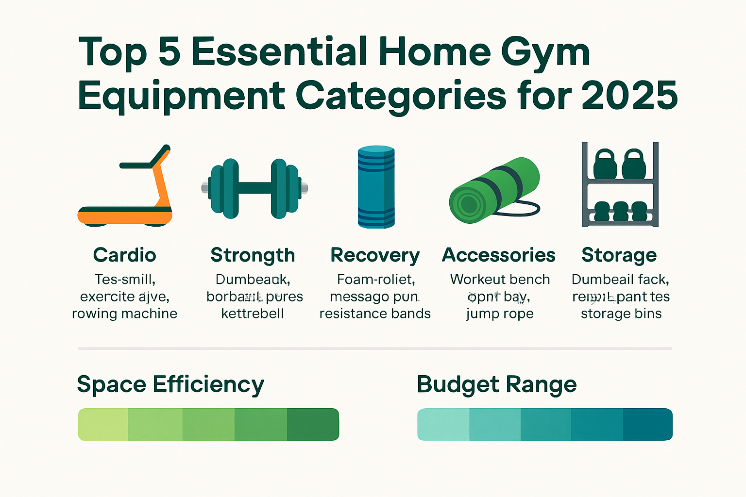 A meticulously organized infographic (1536x1024) showcasing the 'Top 5 Essential Home Gym Equipment Categories for 2025'. The infographic us
