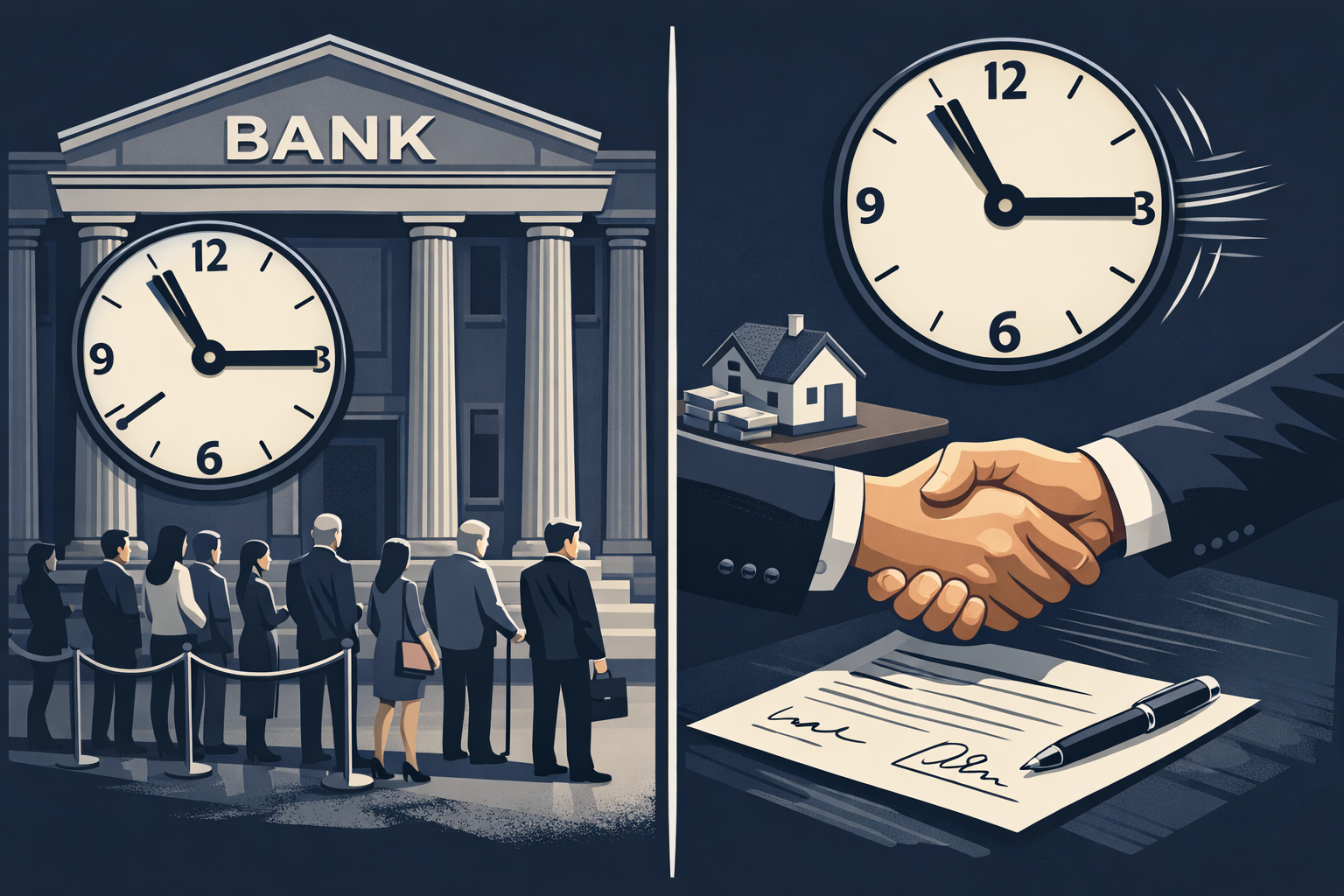 () image showing a split-scene comparison: on the left, a traditional bank building with long queue and slow clock, on the