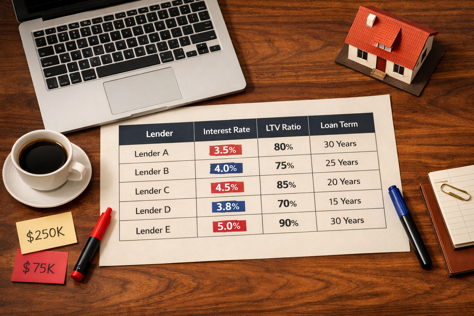 () overhead flat-lay shot of a real estate investor's workspace: a large comparison table printed on paper showing lender