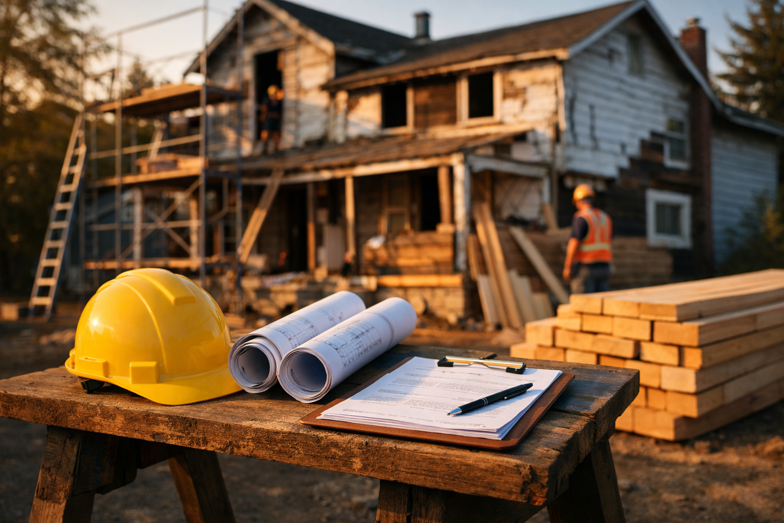 () wide-angle image of a distressed single-family house mid-renovation with scaffolding, construction workers, and fresh