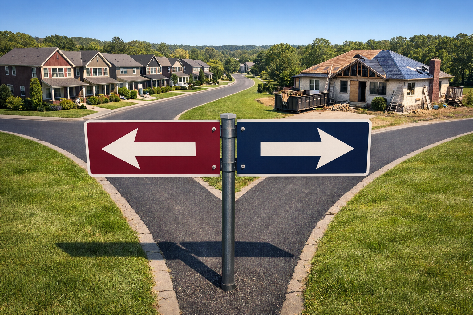 () close-up conceptual image showing two diverging road signs at a crossroads in a suburban neighborhood — one path leads