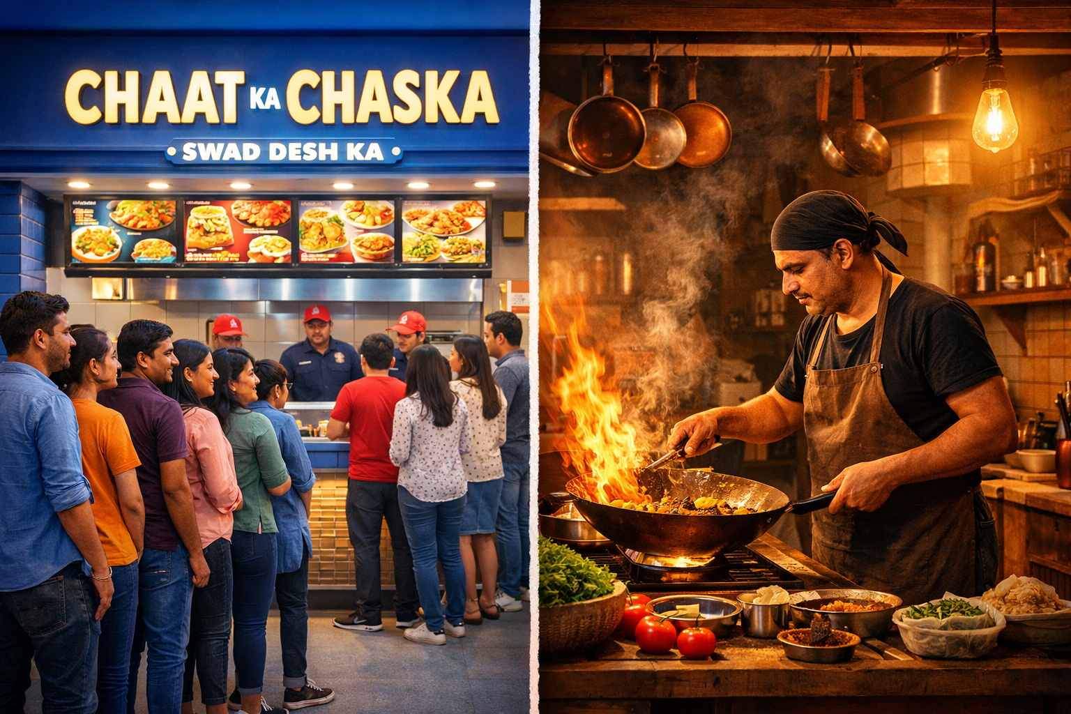 Landscape format (1536x1024) image comparing two paths: on the left, a vibrant, well-lit Chaat Ka Chaska-style franchise counter with a long