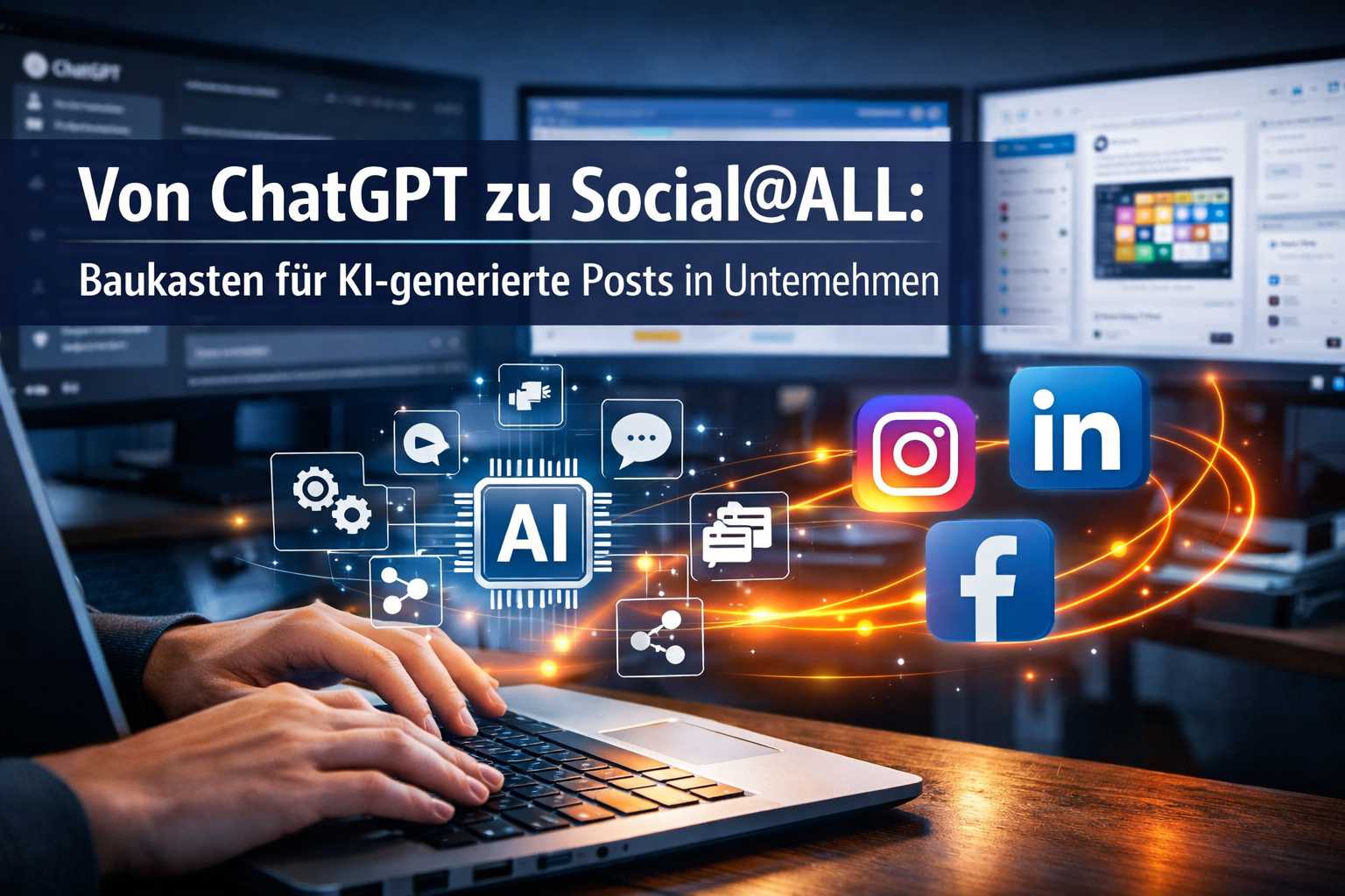 Professional landscape format (1536x1024) hero image featuring bold text overlay 'Von ChatGPT zu Social@ALL: Baukasten für KI-generierte Pos - Von ChatGPT zu Social@ALL: Baukasten für KI-generierte Posts in Unternehmen 1 Professional landscape format (1536x1024) hero image featuring bold text overlay 'Von ChatGPT zu Social@ALL: Baukasten für KI-generierte Pos