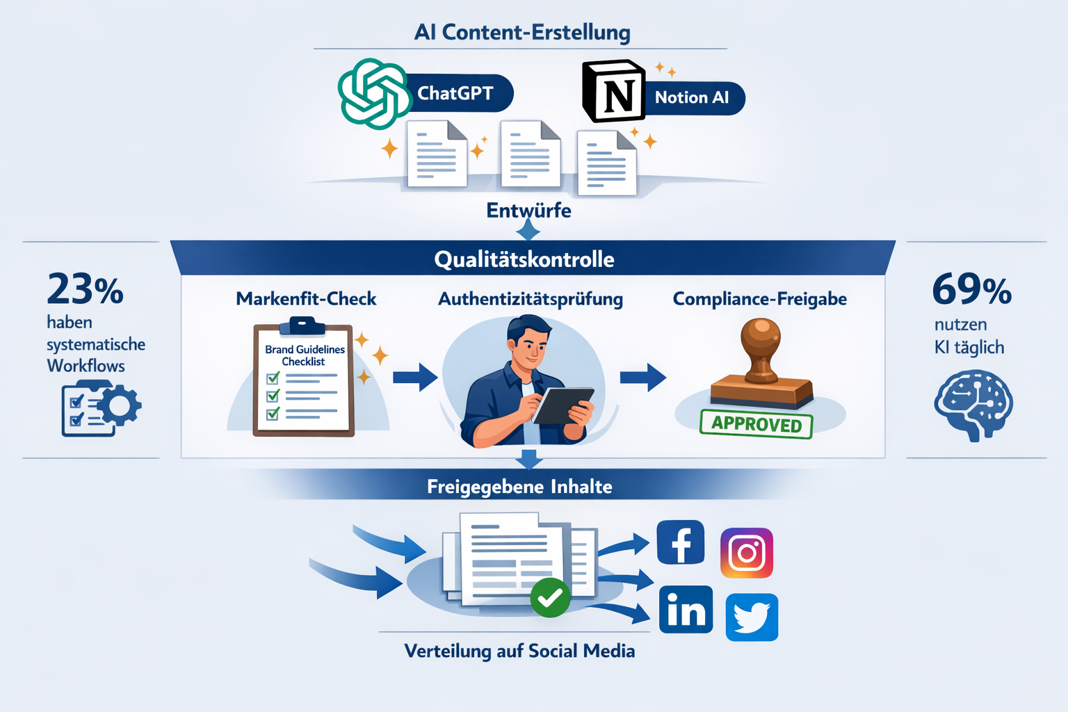 Landscape format (1536x1024) detailed workflow diagram showing quality control process for AI-generated content in corporate environment. To - Von ChatGPT zu Social@ALL: Baukasten für KI-generierte Posts in Unternehmen 5 Landscape format (1536x1024) detailed workflow diagram showing quality control process for AI-generated content in corporate environment. To