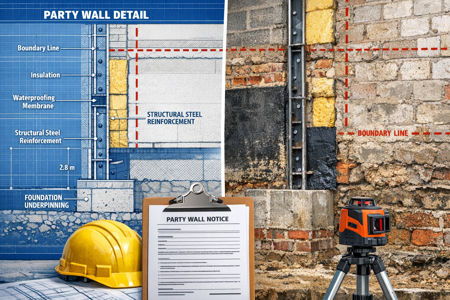 Detailed () image showing close-up cross-section illustration of high-rise party wall with labeled technical elements: