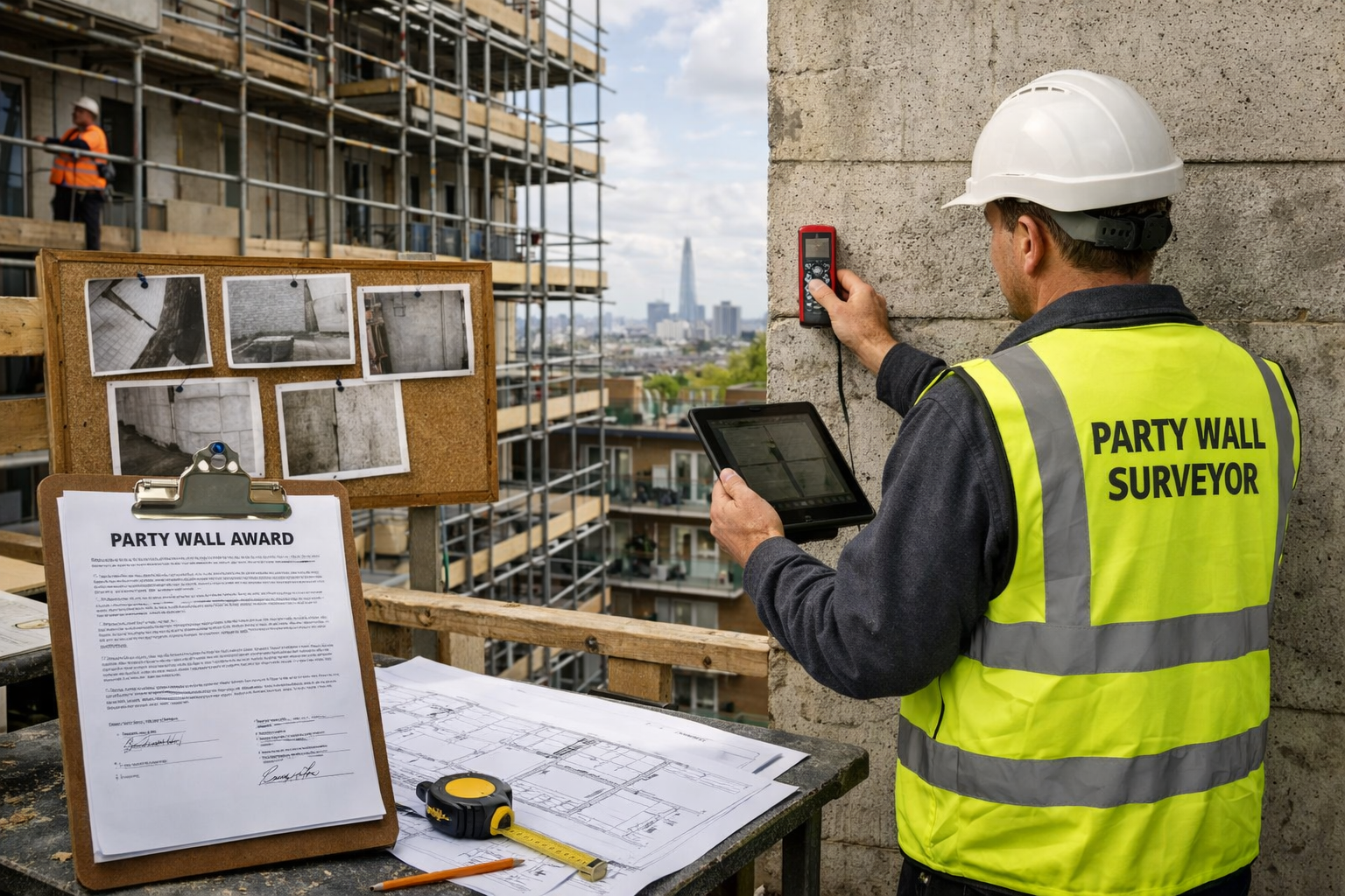 Detailed () image depicting professional party wall surveyor in high-visibility vest and hard hat conducting inspection at