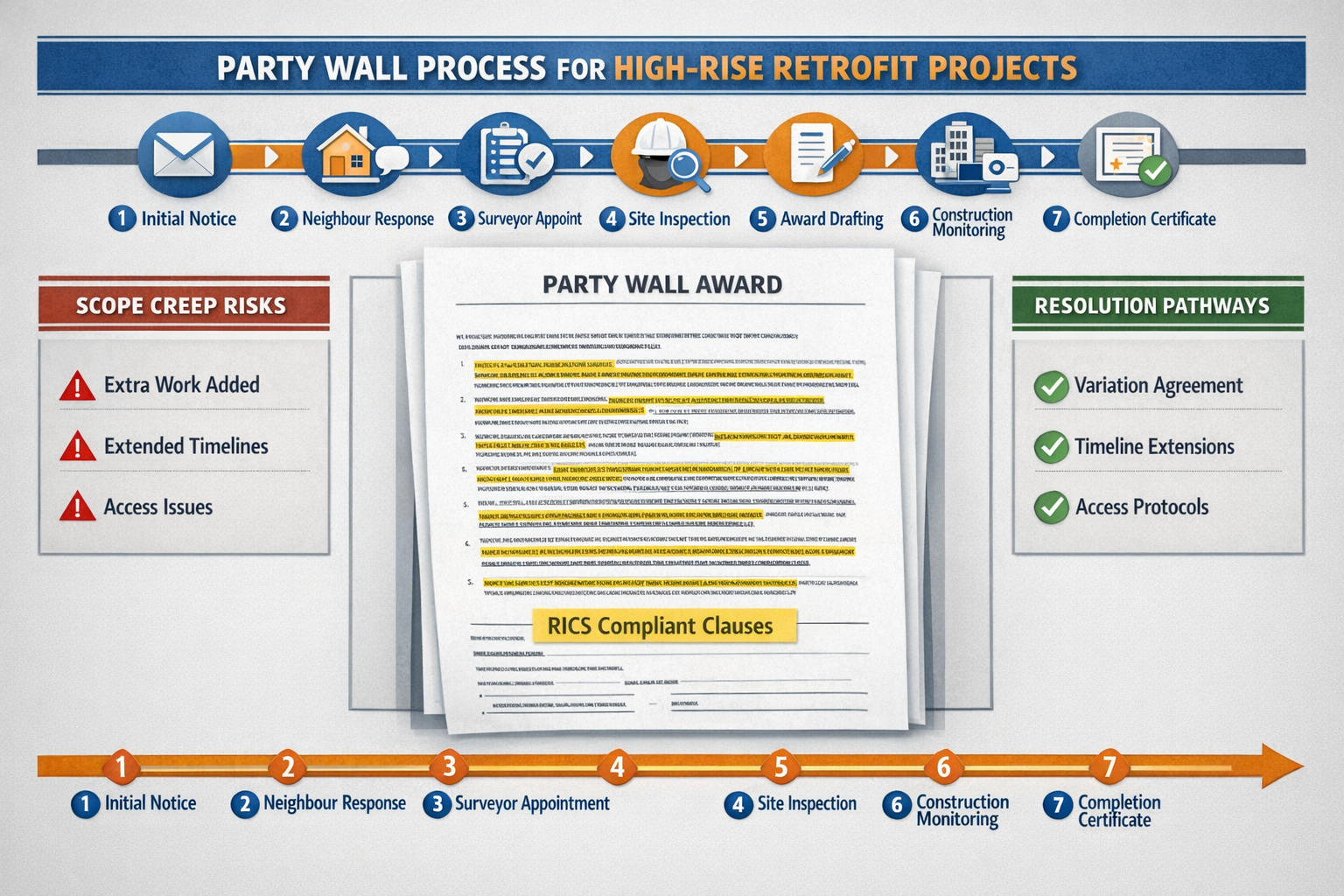 Detailed () infographic-style image showing step-by-step party wall process flowchart for high-rise retrofit projects.