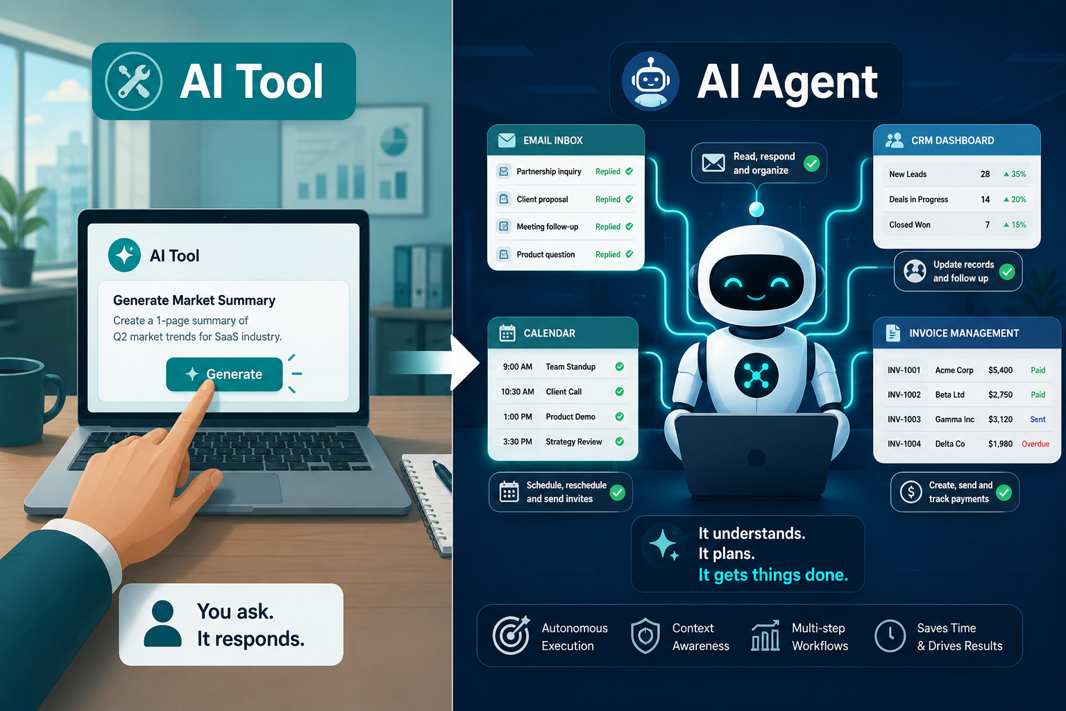 () split-screen infographic illustration showing left side labeled 'AI Tool' with a single human hand clicking a button on a