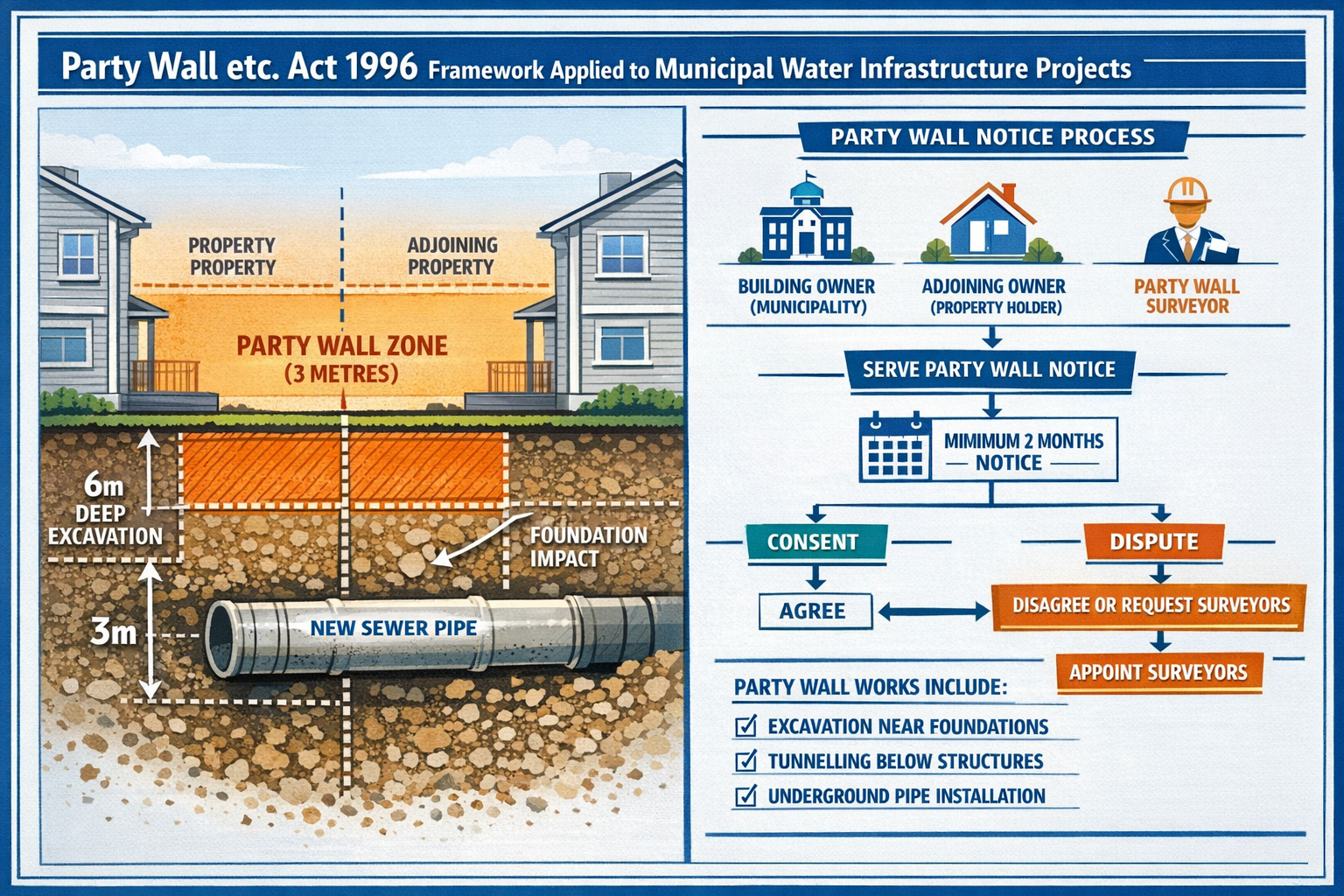 Detailed landscape format (1536x1024) infographic illustration showing the Party Wall etc Act 1996 framework applied to municipal water infr