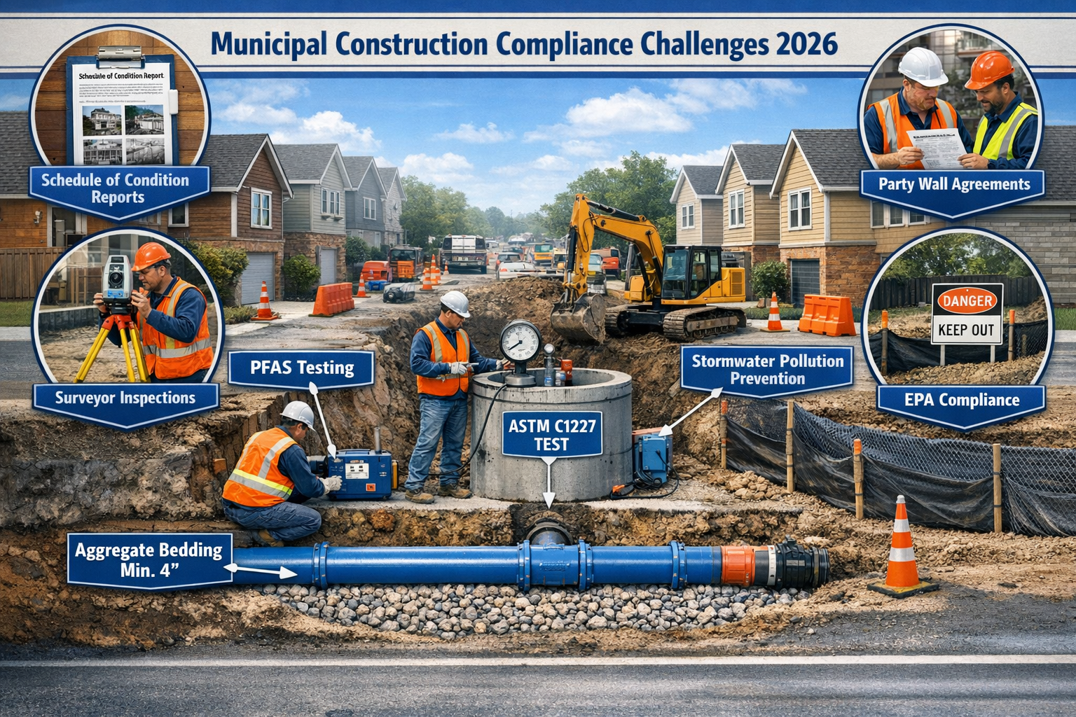 Comprehensive landscape format (1536x1024) visual guide depicting municipal construction compliance challenges in 2026. Central focus: const