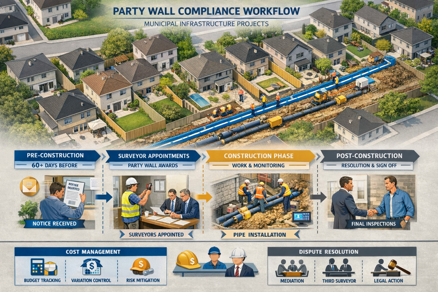 Detailed landscape format (1536x1024) practical workflow diagram for municipal party wall compliance in infrastructure projects. Top-down vi