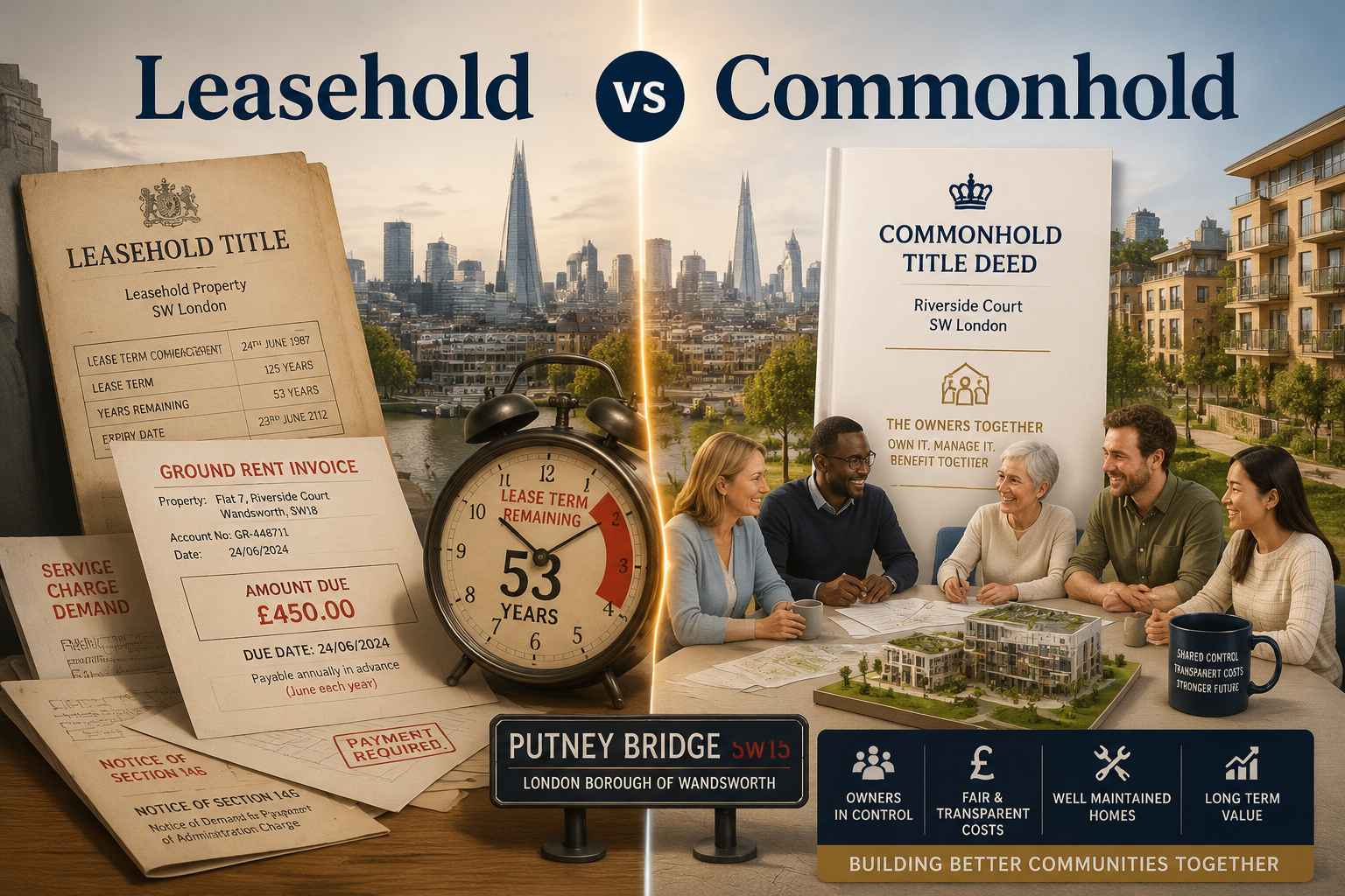 Detailed () editorial illustration showing split-scene comparison: left side depicts traditional leasehold document with