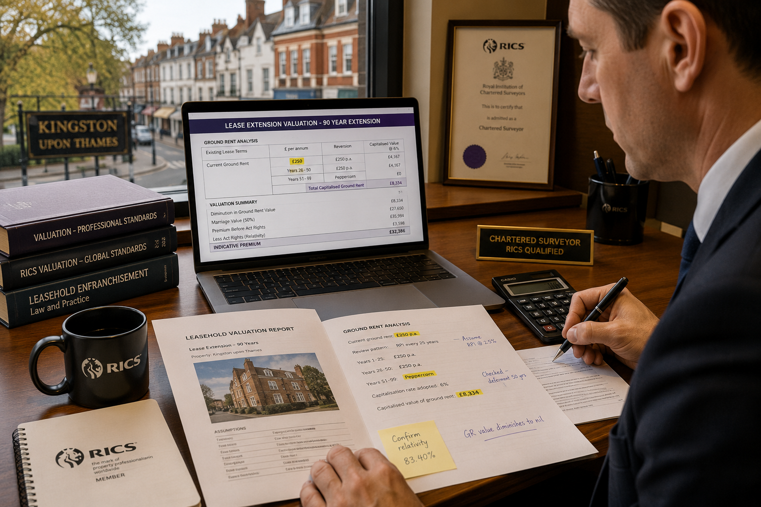 Detailed () showing a RICS-qualified surveyor in professional attire reviewing leasehold valuation documents at a desk,