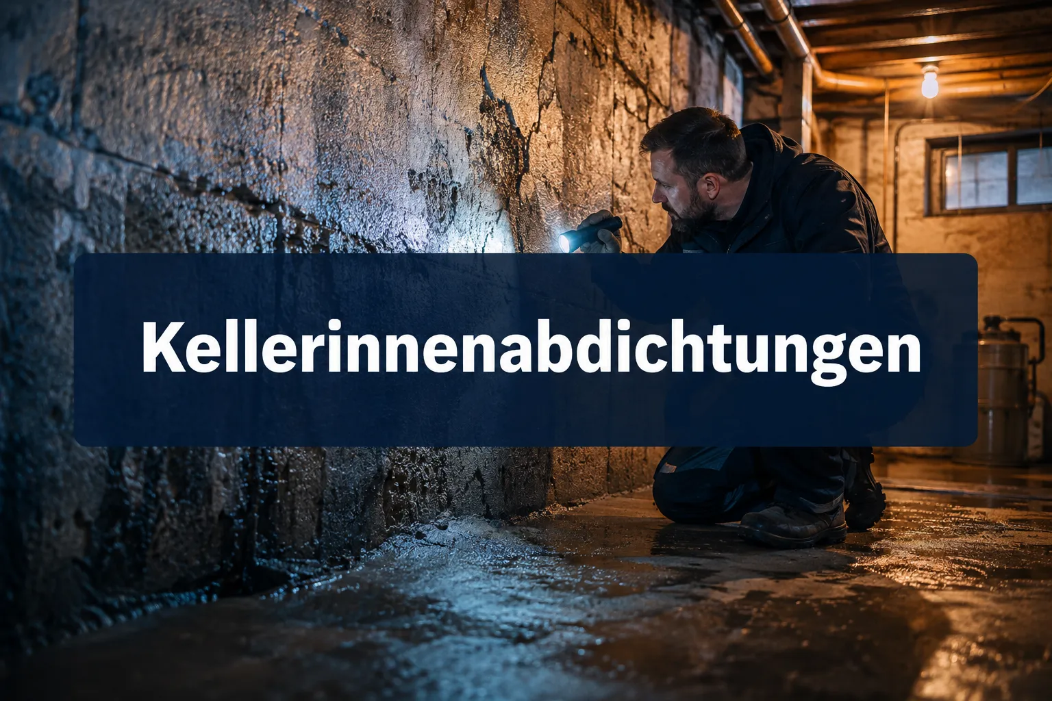 Professional () hero image with (≤42 chars): 'Kellerinnenabdichtungen' in crisp white centered on a deep navy