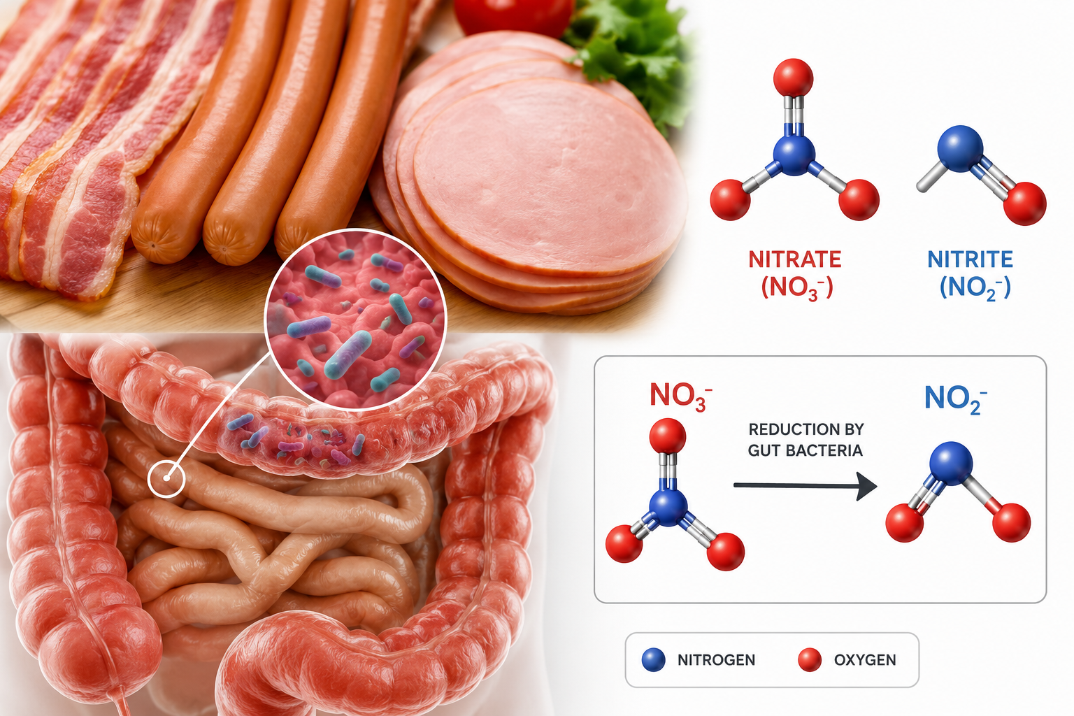 Detailed () image showing cross-section view of processed meat (bacon, hot dogs, deli meat) with molecular diagram