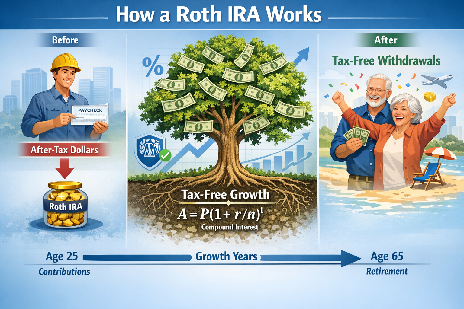 Detailed landscape infographic (1536x1024) illustrating 'How a Roth IRA Works' with split-screen comparison showing money flow diagram. Left