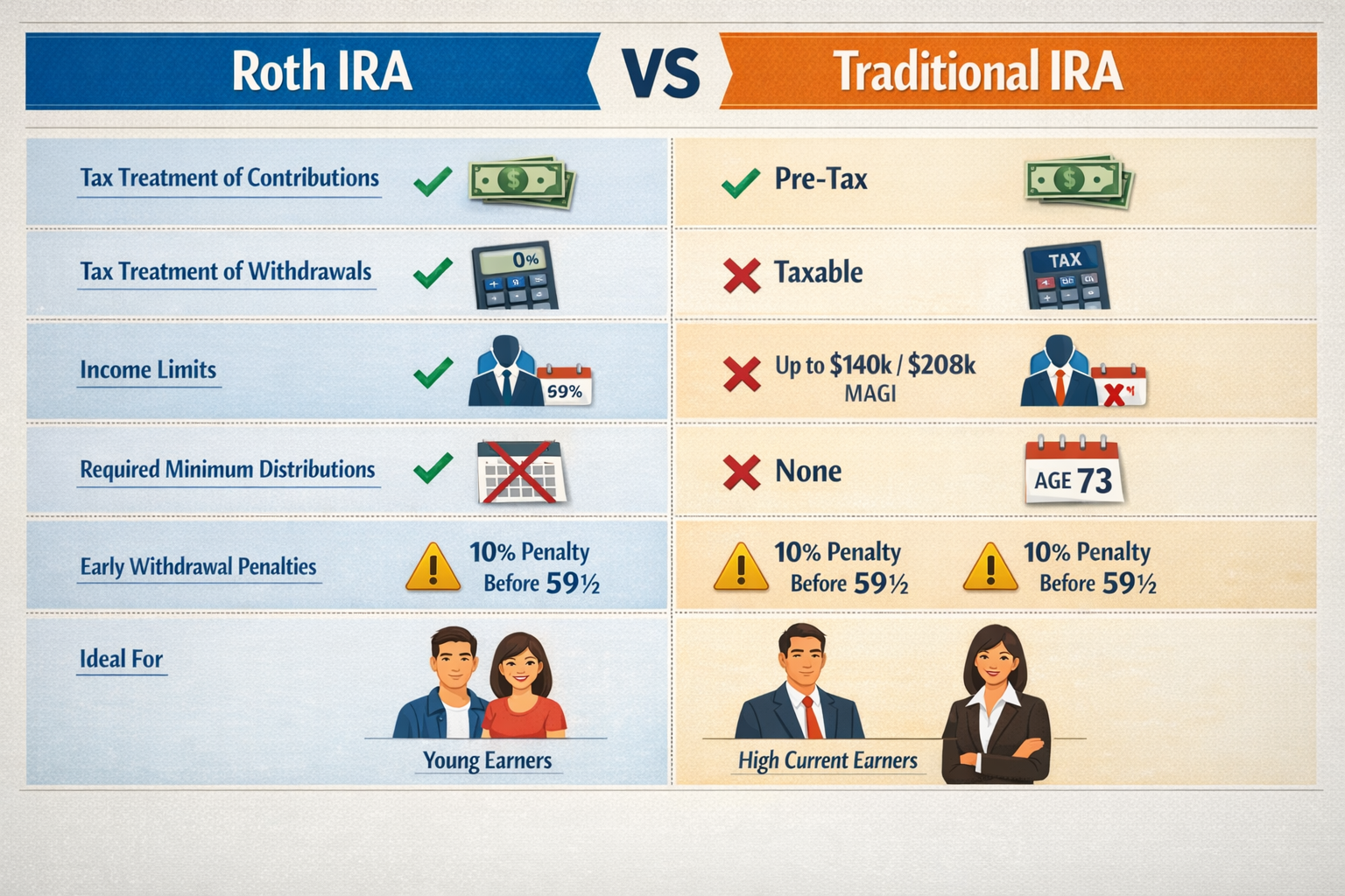 Comprehensive comparison table visualization (1536x1024) showing 'Roth IRA vs Traditional IRA' head-to-head analysis. Split design with Roth