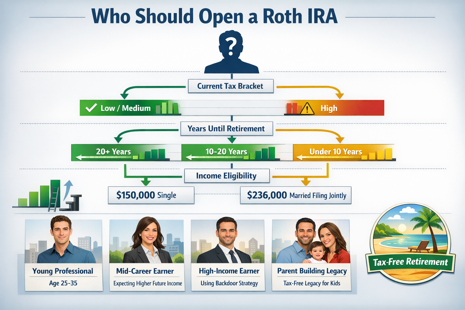 Strategic decision-making infographic (1536x1024) titled 'Who Should Open a Roth IRA' featuring decision tree flowchart with multiple pathwa