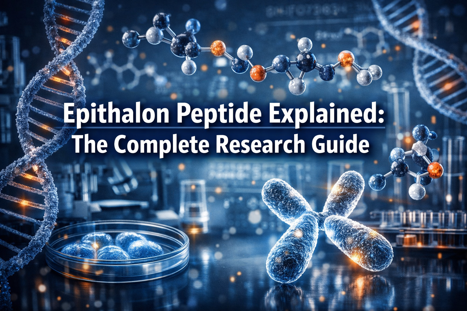 Professional landscape format (1536x1024) hero image featuring bold text overlay 'Epithalon Peptide Explained: The Complete Research Guide' 