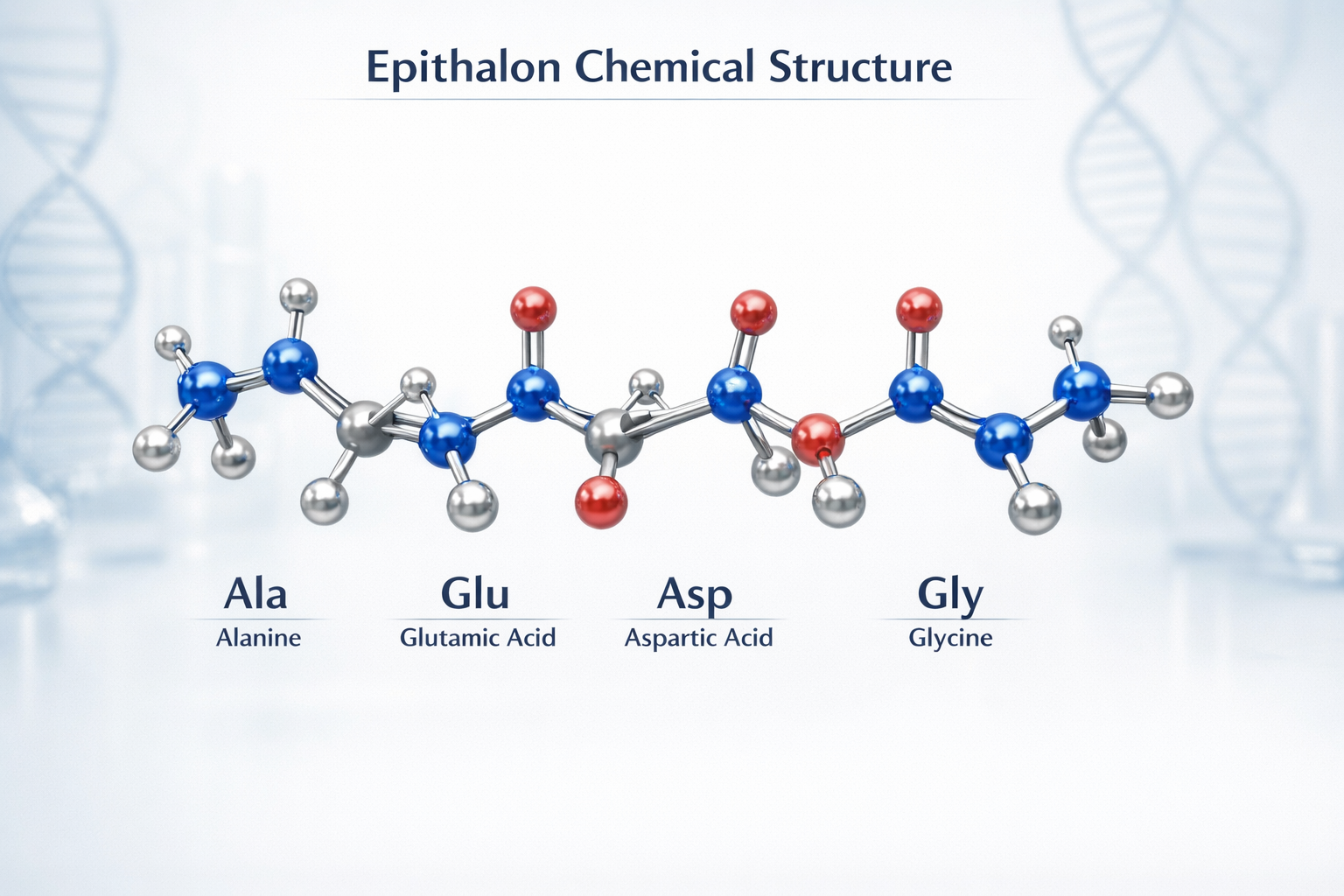 Detailed landscape format (1536x1024) scientific illustration showing epithalon tetrapeptide molecular structure with four amino acids (Ala-