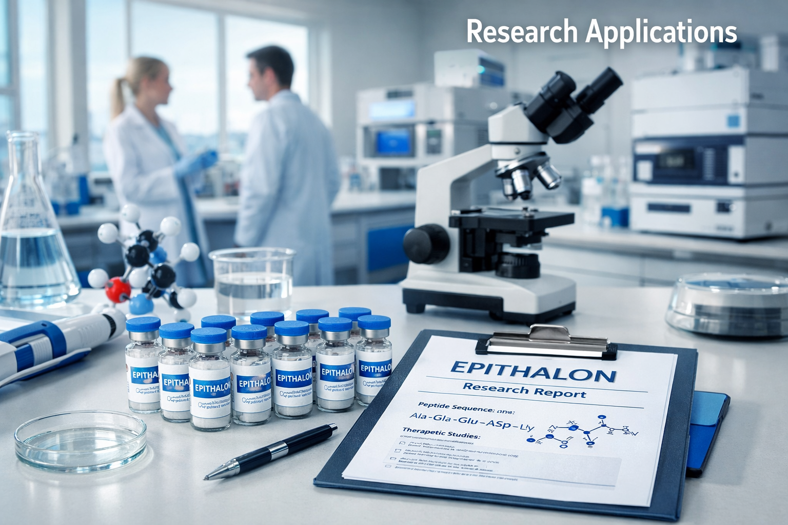 Professional landscape format (1536x1024) research laboratory scene showing peptide vials, scientific equipment, and testing apparatus on cl