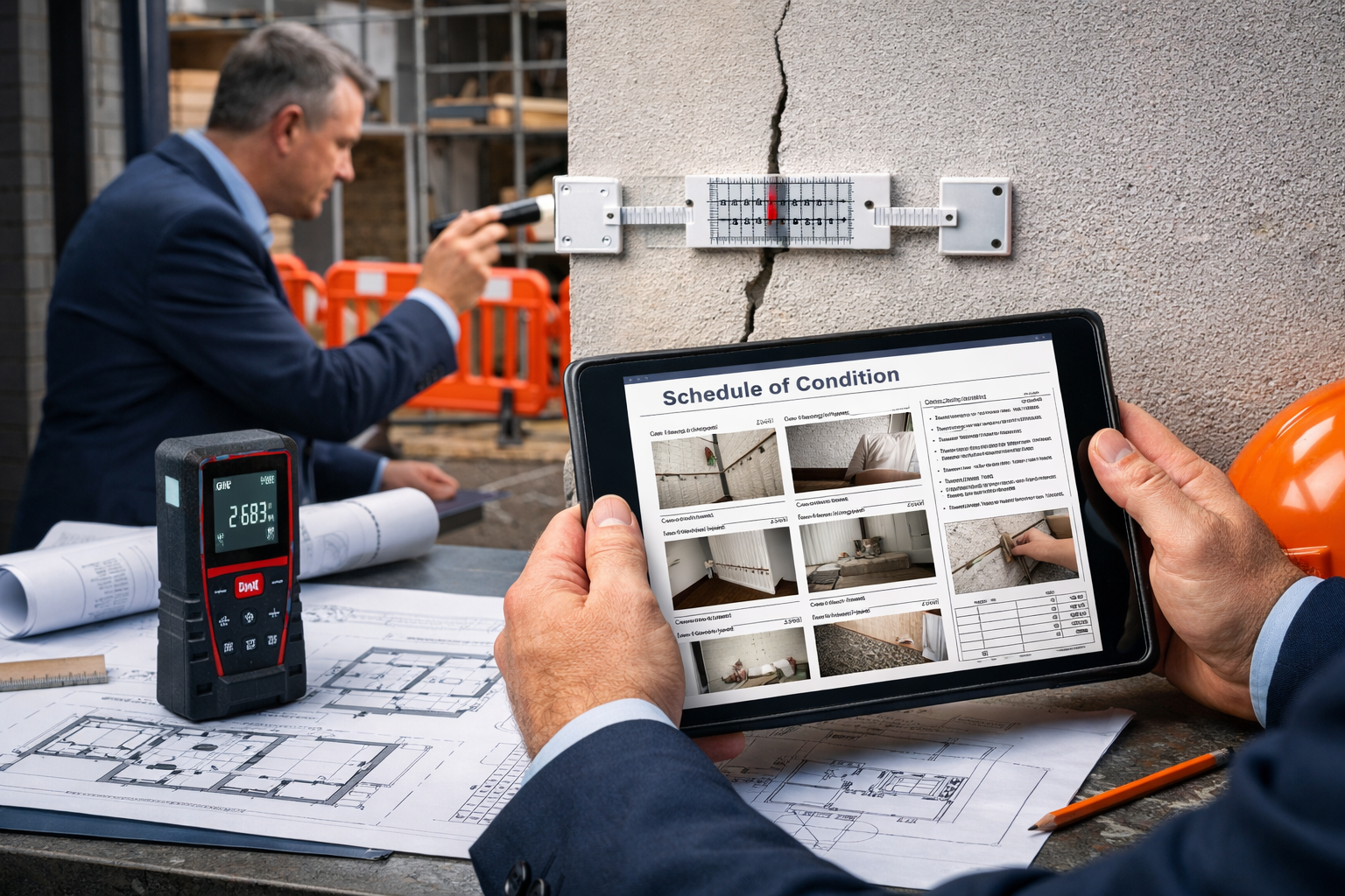 Detailed () image showing professional surveyor in business attire conducting detailed party wall inspection between two