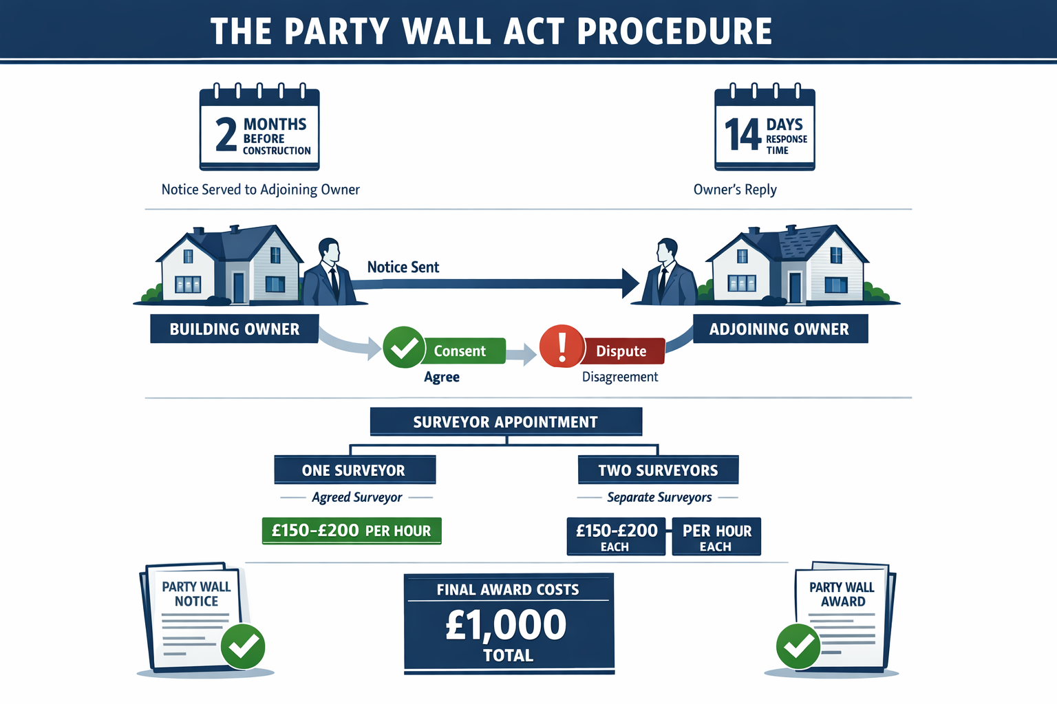 Detailed () infographic-style image displaying Party Wall Act procedural timeline flowchart with clear visual stages: notice