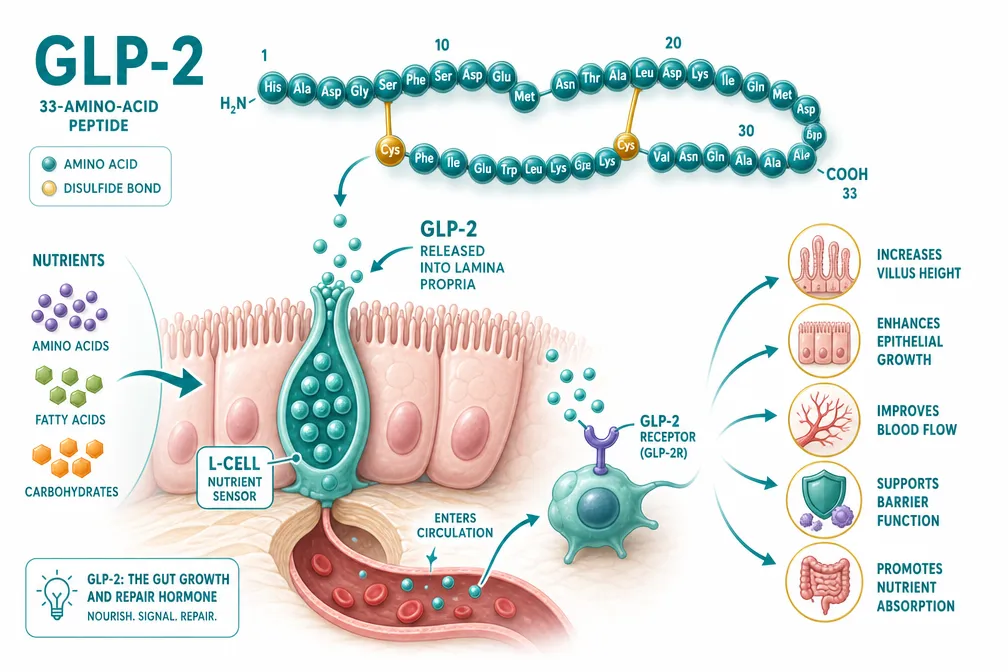 Isometric scientific illustration in bright teal, white, and gold palette showing a stylized 33-amino-acid peptide chain