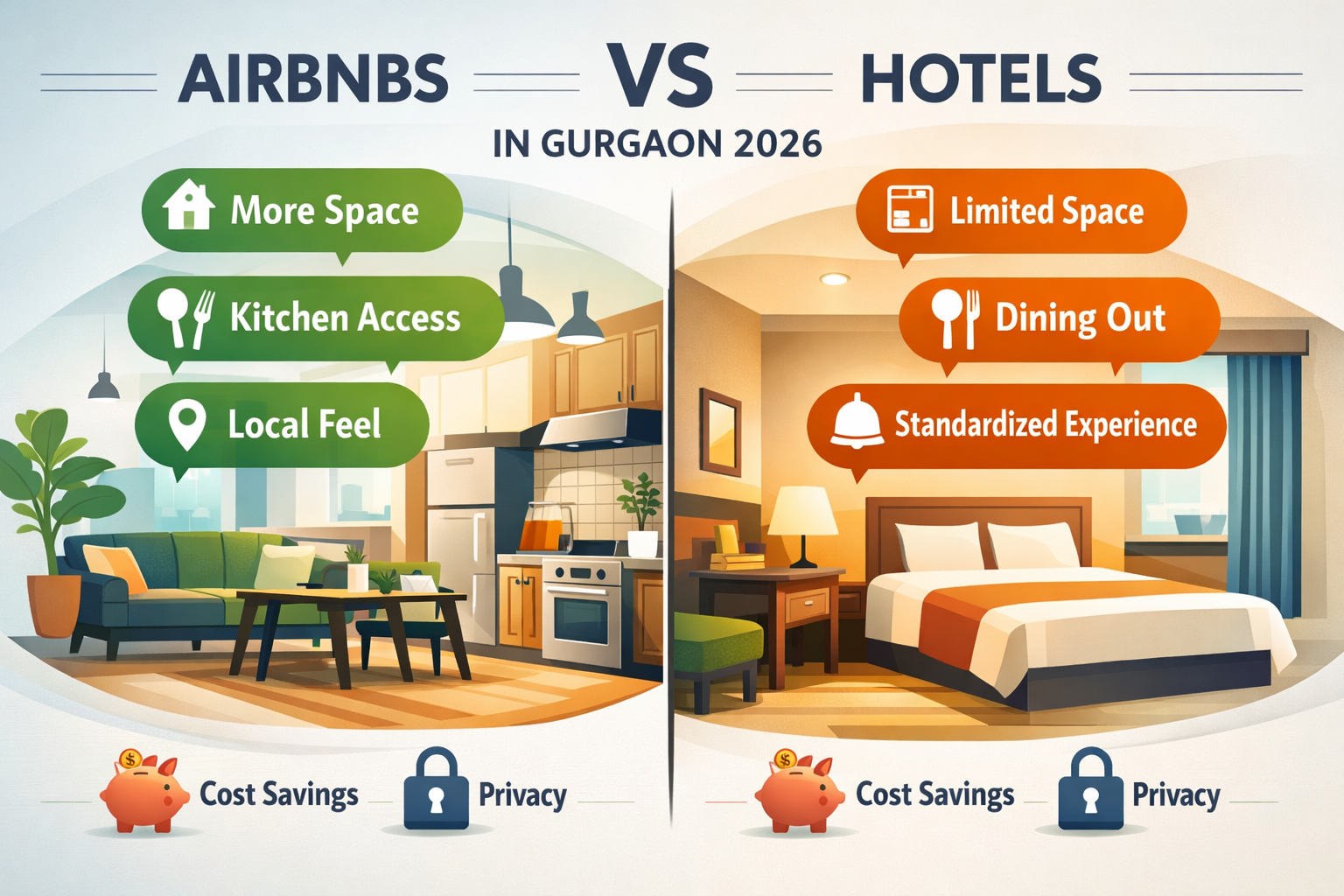 A visually engaging infographic-style image comparing key aspects of Airbnbs versus hotels in Gurgaon for 2026. One side shows an icon repre