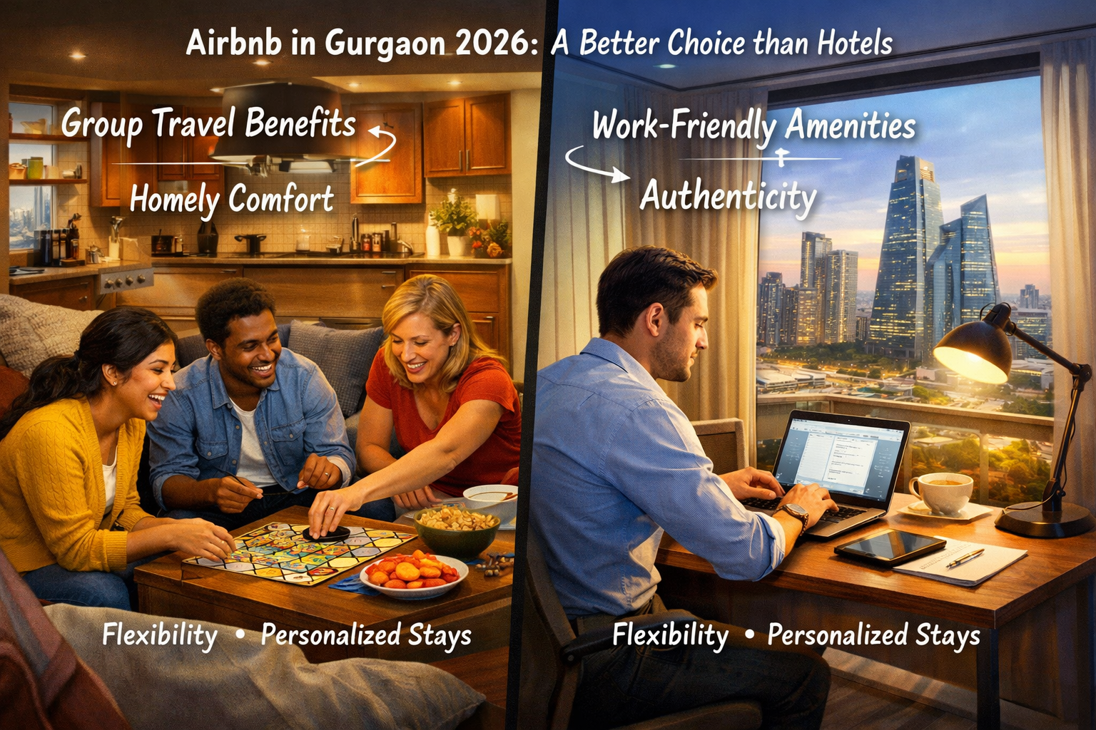 A dynamic split-screen image for 2026, illustrating two different scenarios of accommodation in Gurgaon. On one side, a diverse group of fri