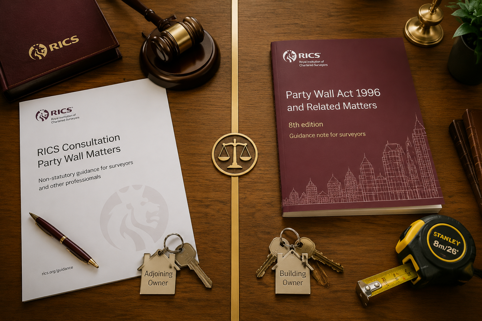 () editorial illustration showing a formal RICS consultation document and 8th edition party wall guidance booklet on a