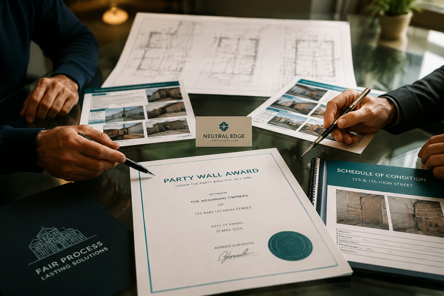 () professional scene showing a party wall award document on a glass conference table with a schedule of condition report