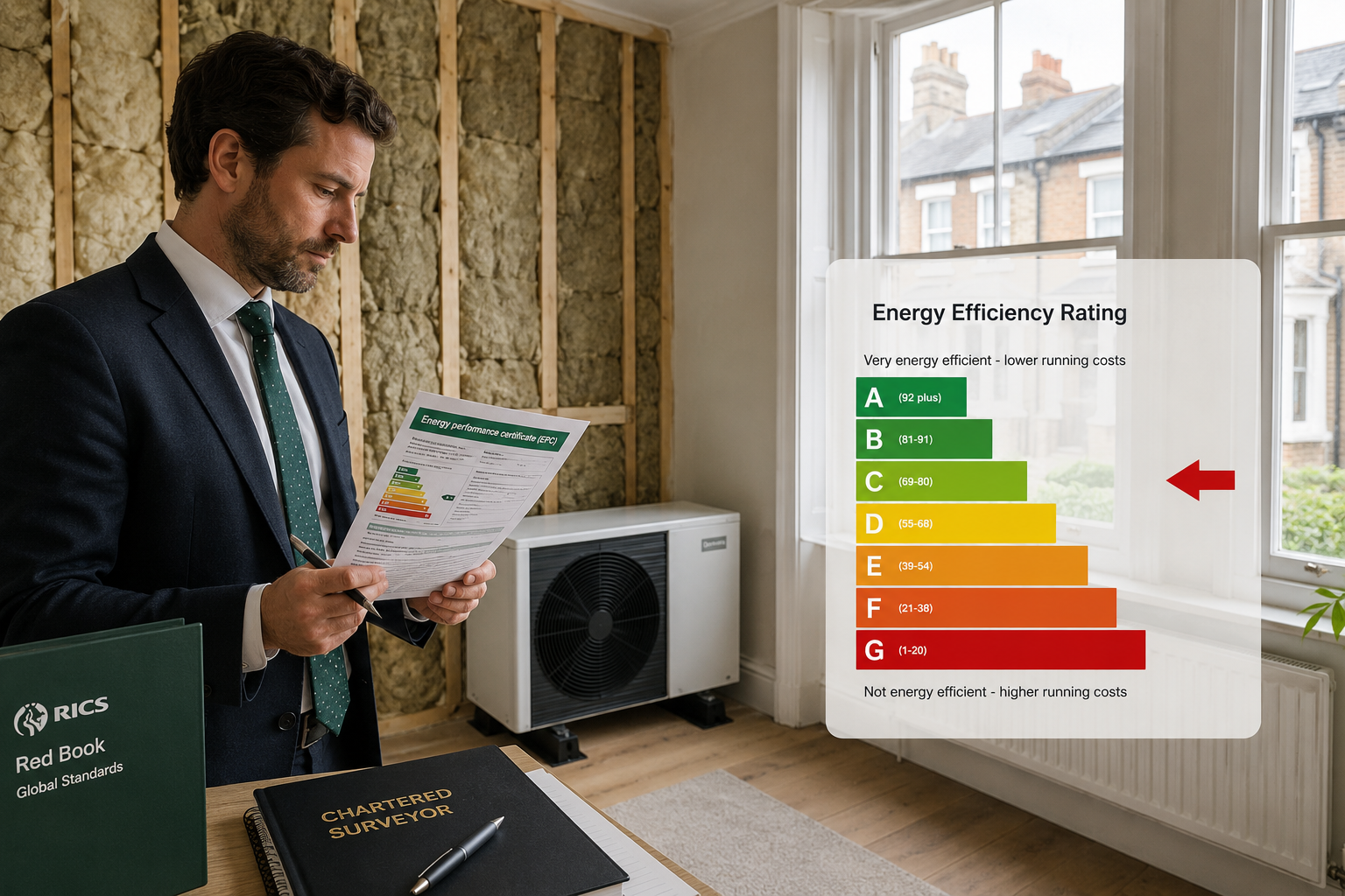 Wide-angle editorial photograph of a UK chartered surveyor in professional attire examining an EPC certificate document