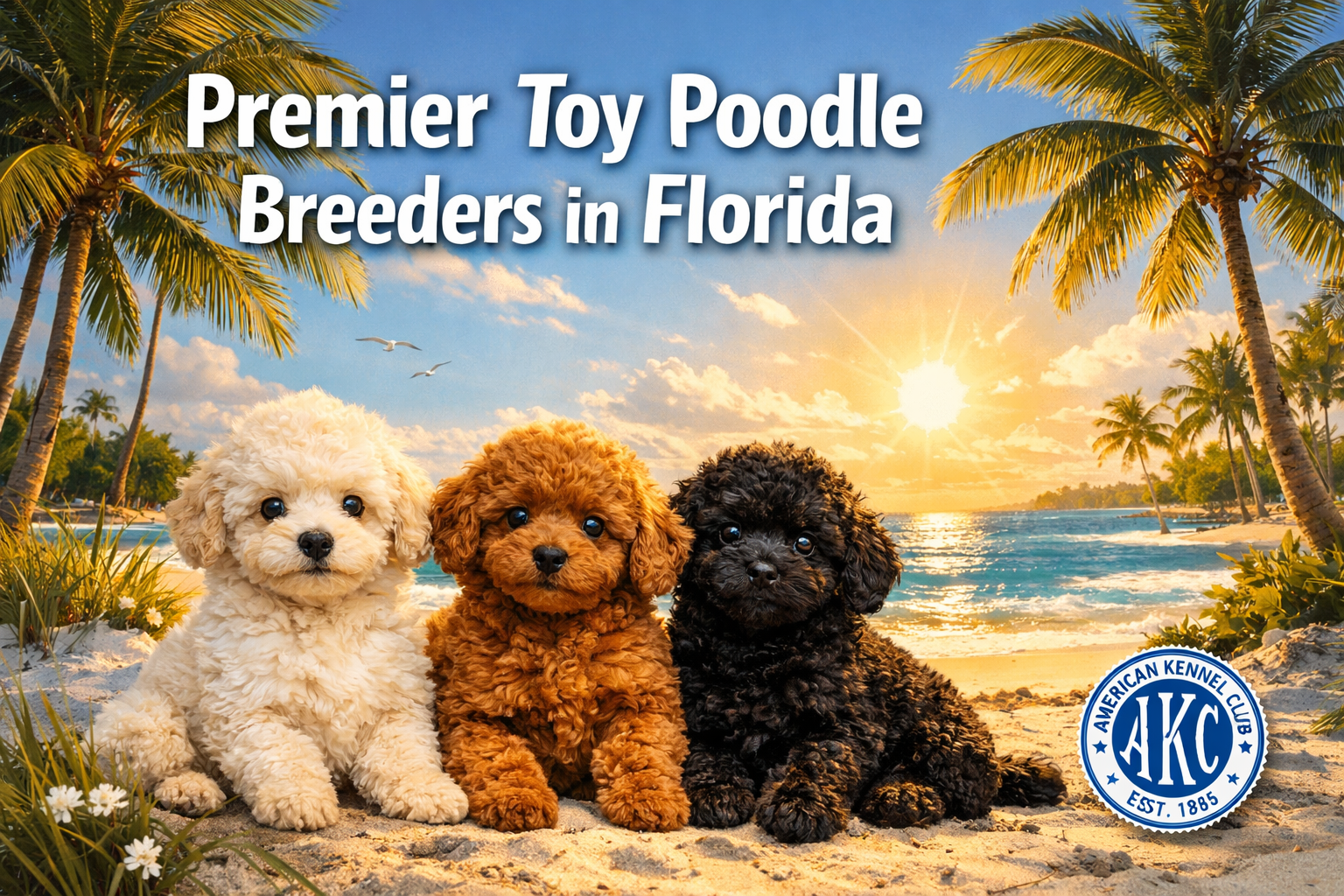 Professional landscape hero image (1536x1024) featuring bold text overlay 'Premier Toy Poodle Breeders in Florida' in extra large 70pt white