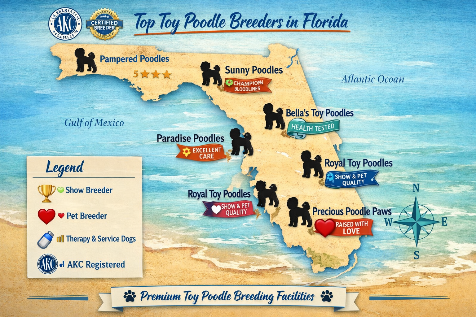 Detailed infographic showing Florida state map with marked locations of top toy poodle breeding facilities, featuring small toy poodle silho