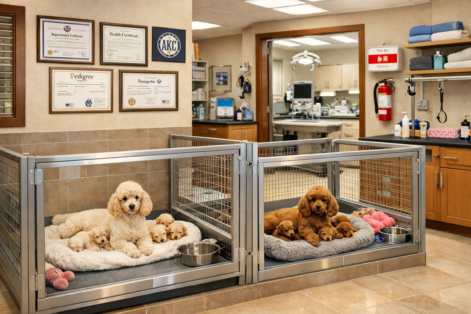 Professional breeding facility interior showing clean, spacious kennels with toy poodle mothers and puppies, veterinary examination area vis