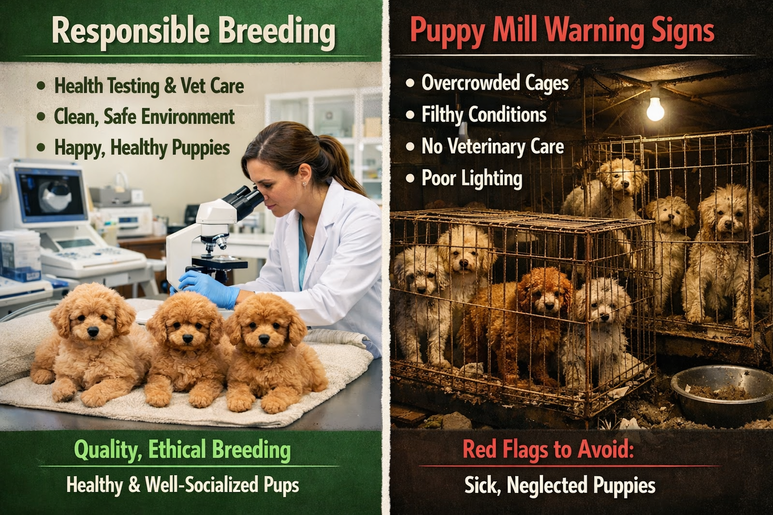 Split-screen comparison image showing proper vs improper toy poodle breeding practices - left side displays professional facility with healt