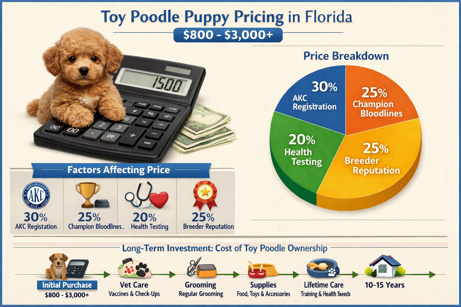Interactive cost breakdown chart displaying toy poodle puppy pricing in Florida from $800-$3000+, showing factors affecting price like AKC r