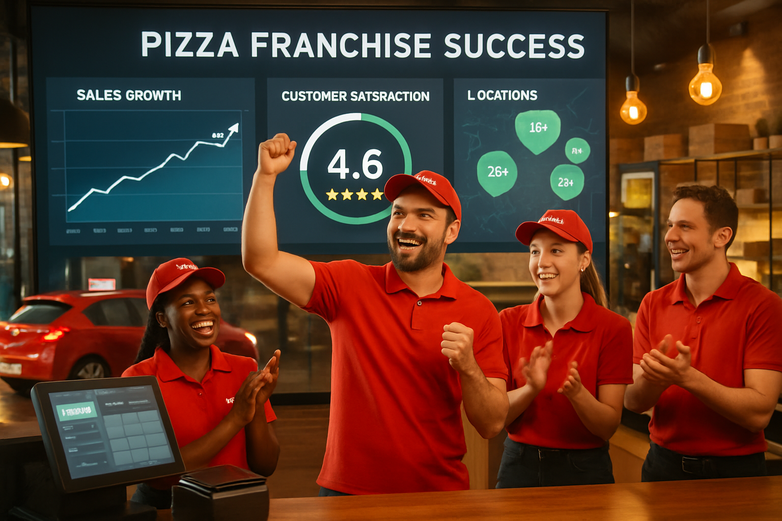Professional landscape image (1536x1024) showcasing pizza franchise success metrics with digital dashboard displaying sales growth charts, c