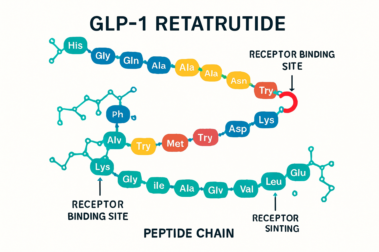 Scientific illustration showing GLP3 retatrutide molecular structure with detailed peptide chain visualization, amino acid sequences highlig