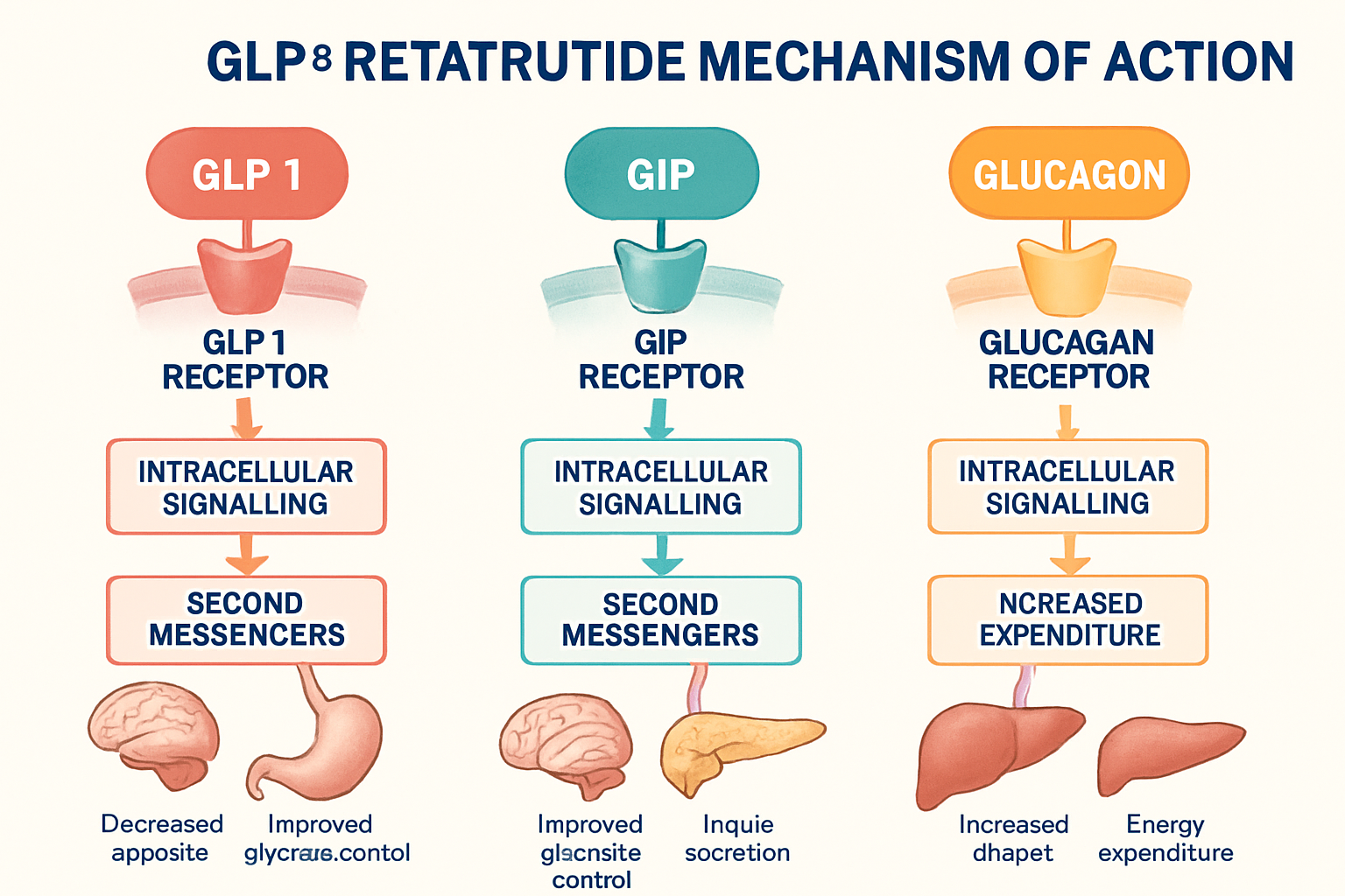 Comparative infographic displaying GLP3 retatrutide mechanism of action with three distinct receptor pathways (GLP-1, GIP, glucagon), cellul