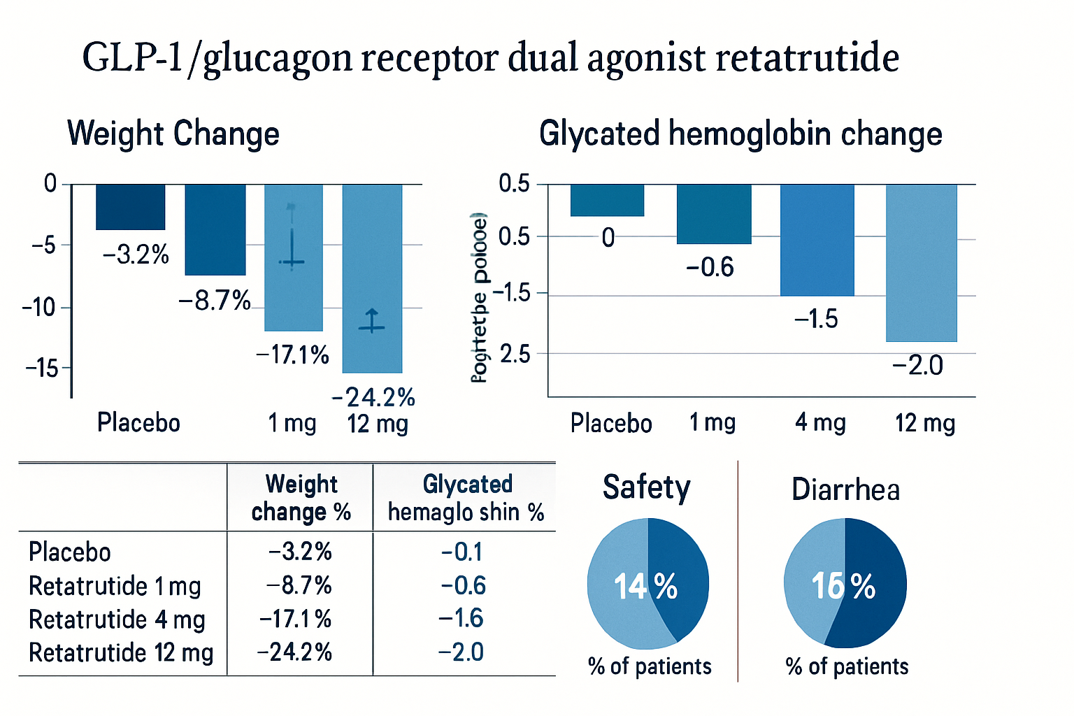 Research data visualization showing GLP3 retatrutide clinical trial results with bar graphs, efficacy measurements, safety profile charts, s