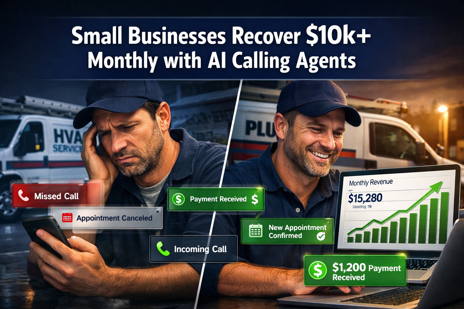 Professional landscape format (1536x1024) editorial hero image featuring bold text overlay 'Small Businesses Recover Cover Image0k+ Monthly with AI C