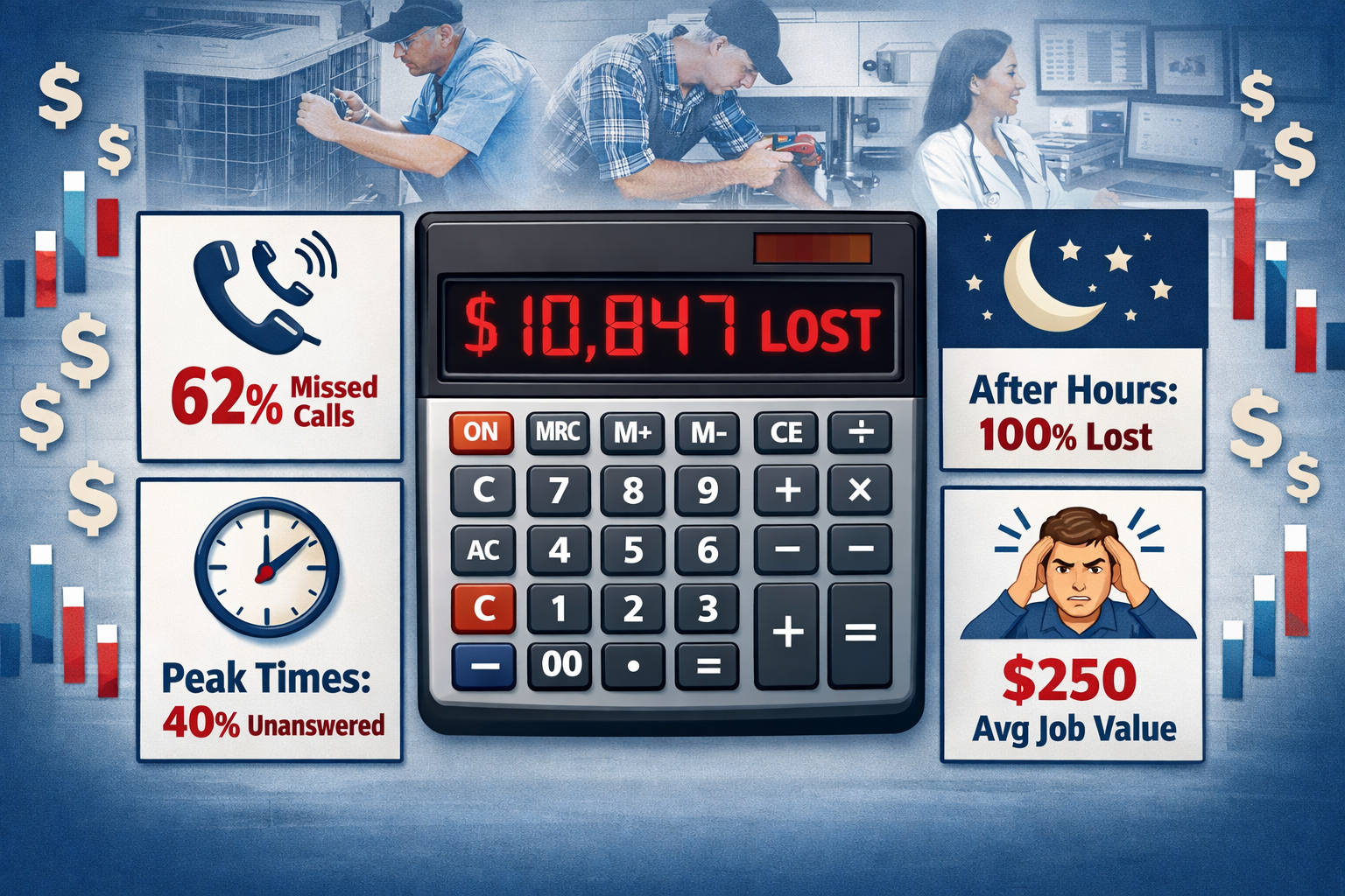 Landscape format (1536x1024) detailed infographic illustration showing calculator and revenue loss breakdown for contractors. Center feature