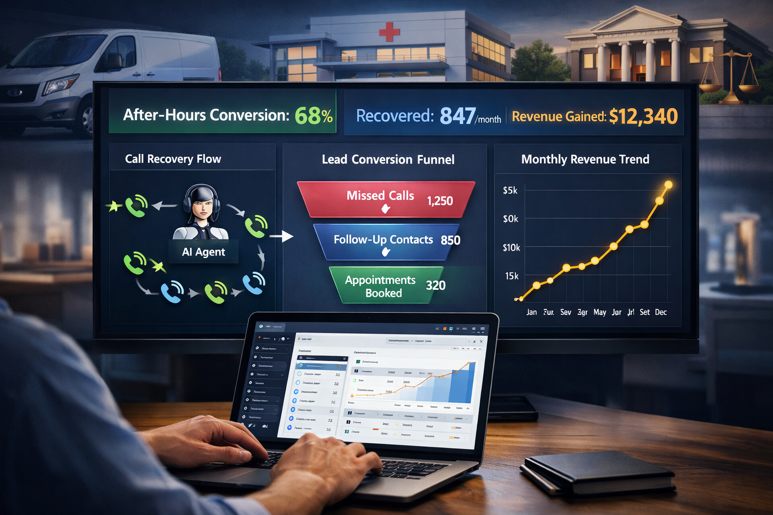 Landscape format (1536x1024) dynamic revenue recovery dashboard visualization showing automated lead recovery system in action. Center displ